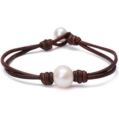 Single Cultured Freshwater Pearl Bracelet Handmade Leather Pearl Jewelry for Women 7'' - style: 7'' Brown