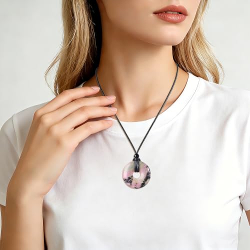 Anjiucc Natural Gemstone Pendant Necklce Lucky Coin Crystal Necklace Donut Pendnat with Adjustable Rope Healing Crystal for Men - color: Rhodonite