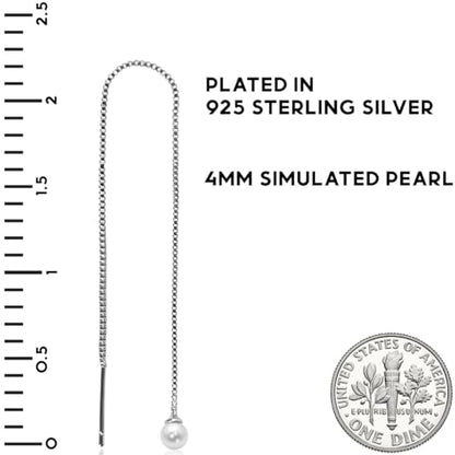 Threader Pearl Earrings for Women - Long Dangle with Simulated Pearls | Plated in Gold Tone or Silver Tone - color: Single Simulated Pearl - 925 Sterling Silver Plated