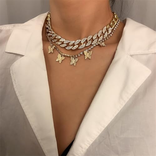 2Pcs Layered Hip Hop Shiny Rhinestone Bead Chunky Chain Butterfly Pendant Necklace Punk Crystal Cuban Link Chain Choker Collar Necklace for Women Party Birthday BarJewelry Gift - color: G gold-3