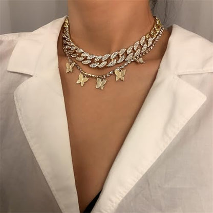 2Pcs Layered Hip Hop Shiny Rhinestone Bead Chunky Chain Butterfly Pendant Necklace Punk Crystal Cuban Link Chain Choker Collar Necklace for Women Party Birthday BarJewelry Gift - color: G gold-3