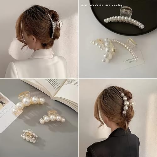 4PCS Multi-Size Faux Pearl Hair Claw Clips Set - Adjustable French Barrettes for Thick/Thin Hair, Wedding/Party Hair Accessories with 4 Different Sizes
