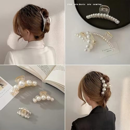 4PCS Multi-Size Faux Pearl Hair Claw Clips Set - Adjustable French Barrettes for Thick/Thin Hair, Wedding/Party Hair Accessories with 4 Different Sizes
