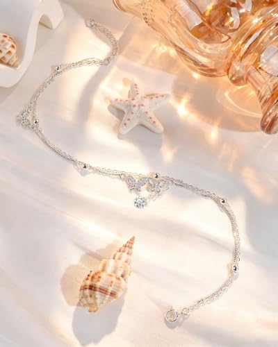 Silver Ankle Bracelets for Women, Butterfly/Stars Cute Charm Anklet, 14K Gold Plated Layered Chain Anklets for Women Teen Girls - style: Butterfly