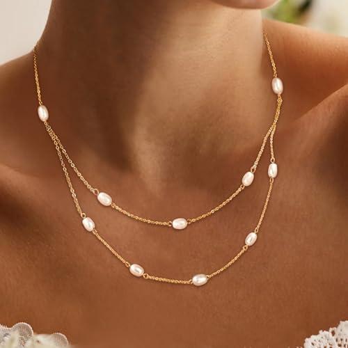 Layered Pearl Necklaces for Women 14K Gold Plated Trendy Faux Pearl Drop Y Necklace Dainty Pearl Choker Gold Layering Necklace,Jewelry Gift for Her,Mother,Wife,Girlfriend - style: Double Chain Pearl