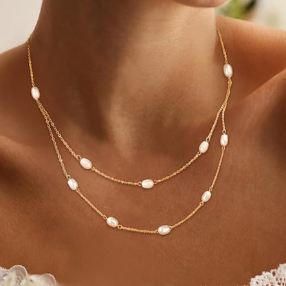 Layered Pearl Necklaces for Women 14K Gold Plated Trendy Faux Pearl Drop Y Necklace Dainty Pearl Choker Gold Layering Necklace,Jewelry Gift for Her,Mother,Wife,Girlfriend - style: Double Chain Pearl