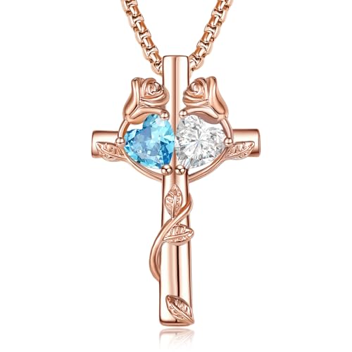 Rose Gold Cross Necklace with 2 Birthstones and Rose | Cross with Birthstone Necklace, Hypoallergenic, Adjustable Rolo Chain, Birthday Gifts, Catholic Christian Religious Jewelry - color: 03-04-Mar-Apr Birthstone