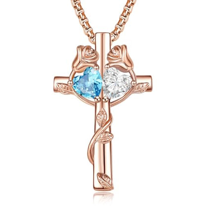 Rose Gold Cross Necklace with 2 Birthstones and Rose | Cross with Birthstone Necklace, Hypoallergenic, Adjustable Rolo Chain, Birthday Gifts, Catholic Christian Religious Jewelry - color: 03-04-Mar-Apr Birthstone