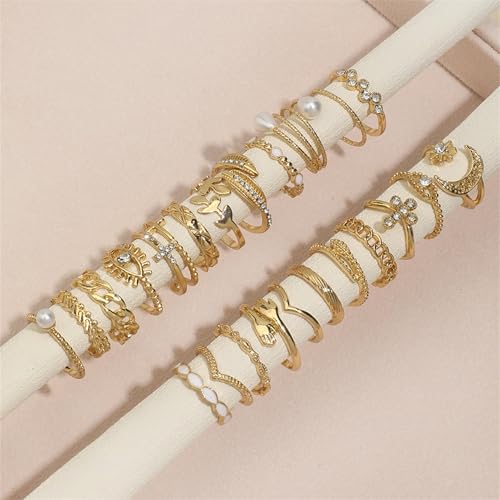 HUASAI Gold Stackable Rings Set for Women Boho Dainty Moon Star Pearl Leaf Cubic Zirconia Heart Midi Pinky Trendy Jewelry Birthday Gifts - color: H Gold 23 Pcs