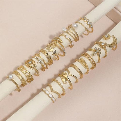 HUASAI Gold Stackable Rings Set for Women Boho Dainty Moon Star Pearl Leaf Cubic Zirconia Heart Midi Pinky Trendy Jewelry Birthday Gifts - color: H Gold 23 Pcs