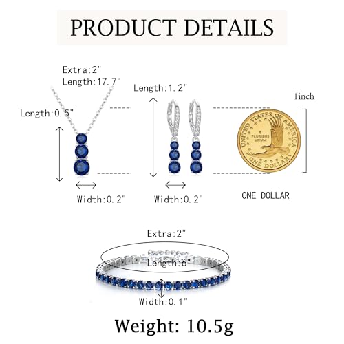 Crysdue Cubic Zirconia Jewelry Set for Women Bridesmaid, Classic Round Cut Drop Lightweight Lever Back Earrings Pendant Necklace Tennis Bracelet for Wedding Prom Party - style: 3pcs Sapphire, Silver