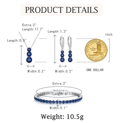 Crysdue Cubic Zirconia Jewelry Set for Women Bridesmaid, Classic Round Cut Drop Lightweight Lever Back Earrings Pendant Necklace Tennis Bracelet for Wedding Prom Party - style: 3pcs Sapphire, Silver