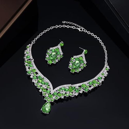 Kamirola Bridal Wedding Tiara Crown Jewelry Set for Women/Brides/Bridesmaids Crystal Jewelry Set for Wedding Prom Party Bridal Crystal Necklace Earrings Bracelet Set(TR60) - color: Silver Light Green