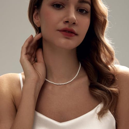 Zeffy Pearl Necklace 4MM/6MM/8MM Dainty Round Imitation Pearl Choker Necklace Wedding Pearl Necklace Delicate Jewelry for Women Simple Bridesmaid Jewelry Gifts - style: 4mm Gold Pearl Necklace(14"+2")