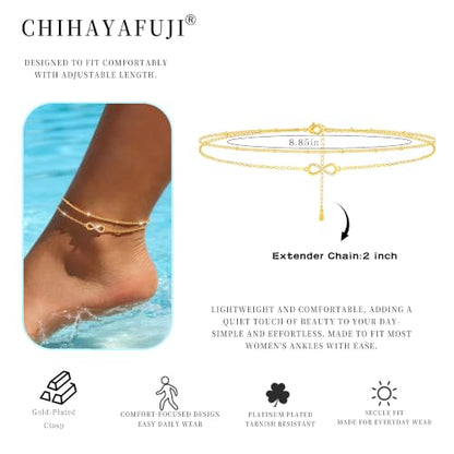 Sterling Silver Ankle Bracelets for Women Gold Waterproof Non Tarnish Beaded Chain Layered Stacking Dainty Butterfly Plus Size Large Anklet Summer Beach Vacation Jewelry Gift - color: gold4