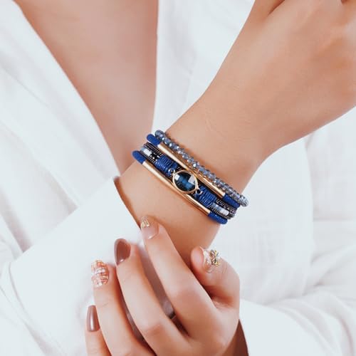 Boho Leather Wrap Bracelets Beaded Stackable Cuff Bracelet Country Concert Outfits Cowboy Cowgirl Western Jewelry Gifts for Women - color: Crystal-Blue