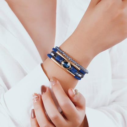 Boho Leather Wrap Bracelets Beaded Stackable Cuff Bracelet Country Concert Outfits Cowboy Cowgirl Western Jewelry Gifts for Women - color: Crystal-Blue
