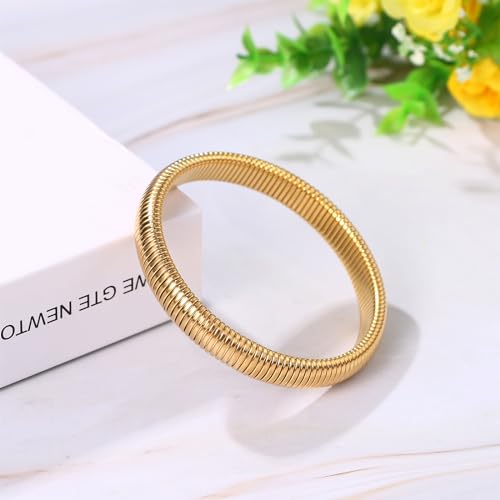 NMQLX Women's Elastic Bangle Bracelets: Stainless Steel Gold Chunky Wristband Bracelets - color: Gold - 10mm