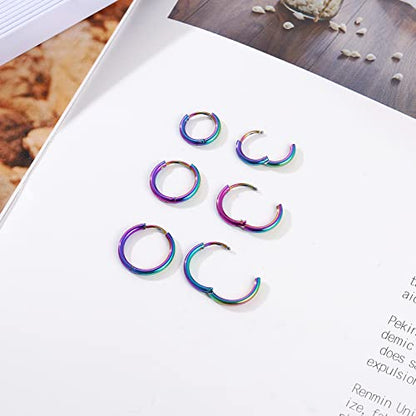 Osayia 316L Surgical Stainless Steel Small Hoop Earrings 8mm 10mm 12mm Hypoallergenic Huggie Thin Hoop Earrings Helix Lobes Hinged Sleeper Earrings Men Women for Cartilage Piercings - color: G: Rainbow (Diameter 8mm/10mm/12mm),3 Pairs