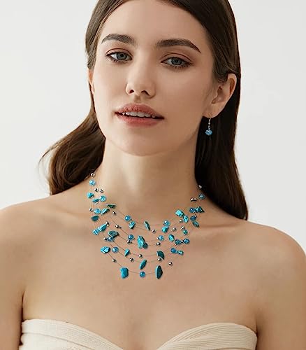 Multi-Layer Boho Shell Beaded Necklace for Women Colorful Crystal Strand with Silver Beads Statement Collars Necklace and Earrings Costumes Jewelry Sets for Women - color: 48-Turquoise