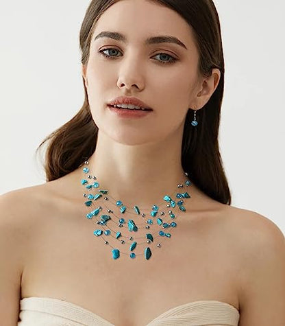 Multi-Layer Boho Shell Beaded Necklace for Women Colorful Crystal Strand with Silver Beads Statement Collars Necklace and Earrings Costumes Jewelry Sets for Women - color: 48-Turquoise