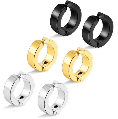 Stainless Steel Mens Womens Clip On Earrings Hoop Huggie Non-Piercing 3 Pairs - color: 3 Pairs(Silver + gold + black)