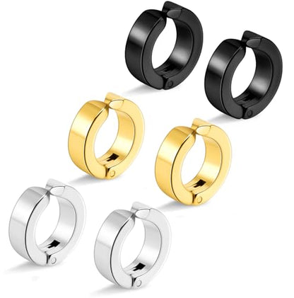 Stainless Steel Mens Womens Clip On Earrings Hoop Huggie Non-Piercing 3 Pairs - color: 3 Pairs(Silver + gold + black)