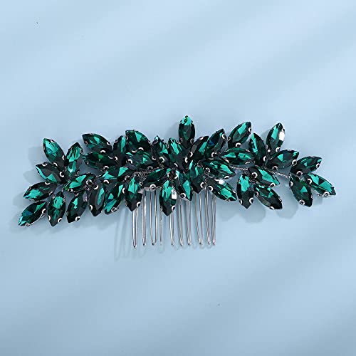 Teyglen Women's Dainty Simple Rhinestone Hair Comb - Luxurious Shiny Bridal Side Hair Accessory for Weddings (Silver-Green) - color: Silver-Green