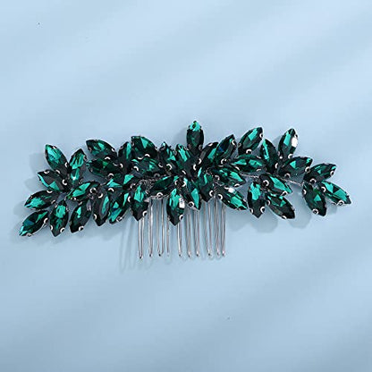 Teyglen Women's Dainty Simple Rhinestone Hair Comb - Luxurious Shiny Bridal Side Hair Accessory for Weddings (Silver-Green) - color: Silver-Green