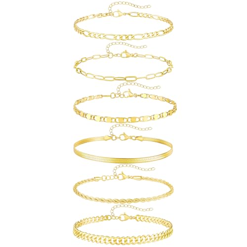 Fesciory 14K Gold Ankle Bracelets for Women, Layered Stackable Anklet Set | 6 Pcs Anklet Set, Layered Ankle Bracelet, Cuban Link Design, Stackable Plus Size, Adjustable Fit, Summer Beach Jewelry - color: Set9-Gold 6Pcs