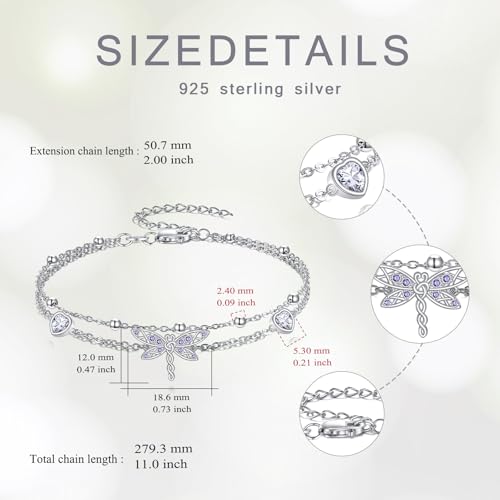 925 Sterling Silver Layered Anklet for Women Adjustable Multilayer Beach Anklet Bracelet - style: Dragonfly