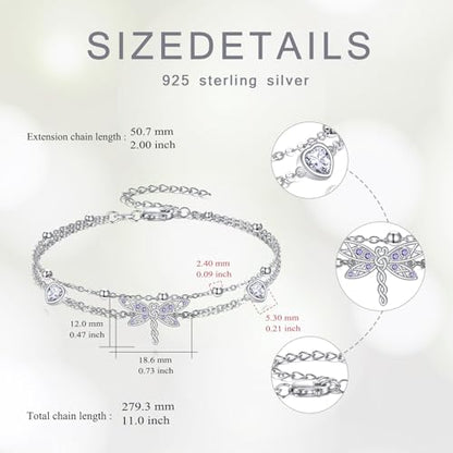 925 Sterling Silver Layered Anklet for Women Adjustable Multilayer Beach Anklet Bracelet - style: Dragonfly