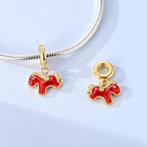 Hapour 925 Sterling Silver Charm for Bracelet Necklace Women Pendant Beads | Virgin Mary Charm, Religious Cross Heart Dragon European Jewelry Mom Charm - color: Golden Red Pony