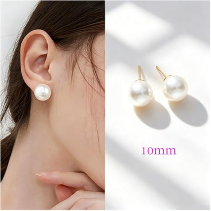 Oversized Faux Pearl Stud Earrings for Women, 14K Gold Plated Sterling Silver Hypoallergenic Large Classic Lightweight Pearl Earrings - size: 10mm