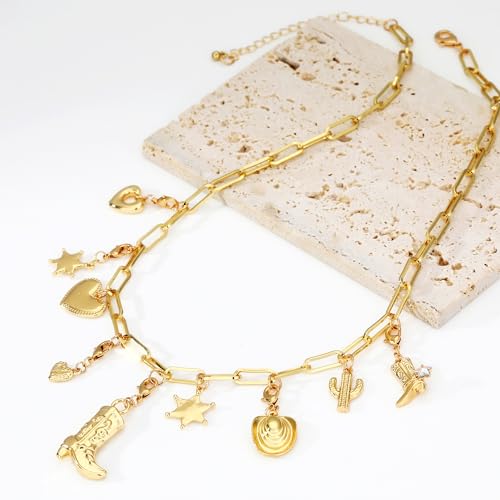Charm Necklace for Women Gold Evil Eye Sun Moon Flower Coin Pendant Necklace Dainty Paperclip Chain Vintage Luck Amulet Choker Necklaces Celestial Jewelry Gift - style: Detachable- Cowgirl, Boot