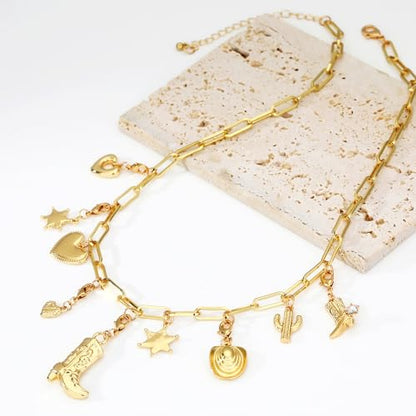 Charm Necklace for Women Gold Evil Eye Sun Moon Flower Coin Pendant Necklace Dainty Paperclip Chain Vintage Luck Amulet Choker Necklaces Celestial Jewelry Gift - style: Detachable- Cowgirl, Boot