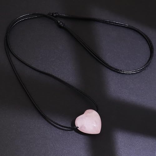 weryerker Natural Gemstone Heart Pendant Necklace Healing Crystal Heart Charm Necklace Adjustable Waxed Black Rope for Women - color: Rose Quartz