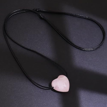 weryerker Natural Gemstone Heart Pendant Necklace Healing Crystal Heart Charm Necklace Adjustable Waxed Black Rope for Women - color: Rose Quartz