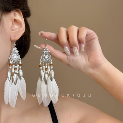 Boho Western Earrings for Women Western Feather Earrings Vintage Concho Turquoise Teardrop Dangle Earrings Country Concert Jewelry Accessories - style: White feather