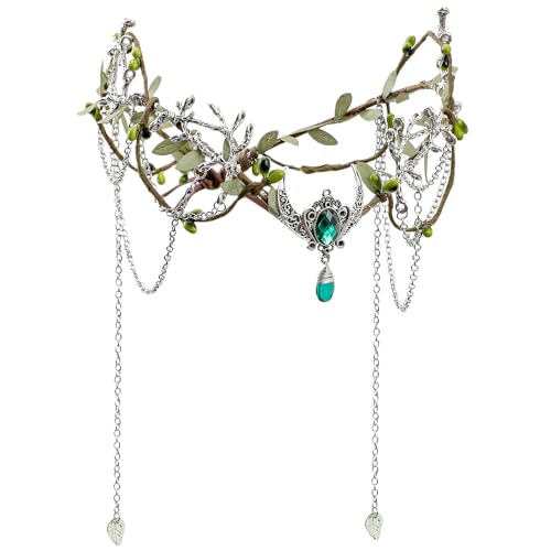 MOSTORY Woodland Elf Crown for Women - Medieval Elf Headpiece with Tassel for Renaissance Renfaire Fae Cosplay Viking Outfit - color: Green-silver