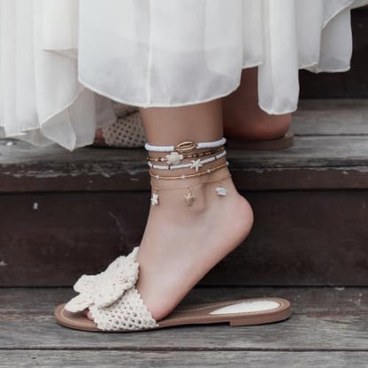 Beaded Anklet Bracelets For Women Waterproof Gold Anklets Jewelry Set Stack | non tarnish free pearl puka seashell beach boho stretchy anklet for summer dainty and tewiky gold plated - color: Golden Turtle