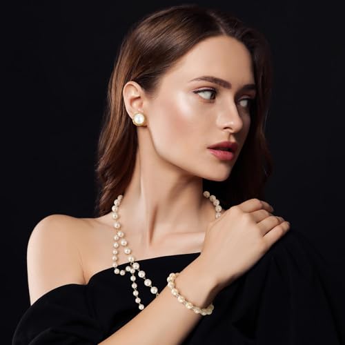 Glenmal Pearl Rhinestone Jewelry Set for Women Pearl Necklace Bracelet Earrings for Wedding Halloween Bridal Shower Tea Party - style: Casual Style