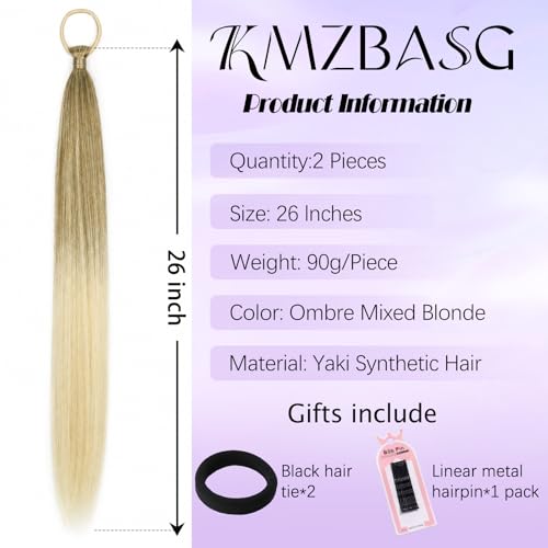 Ombre Blonde Ponytail Extension with Hair Tie DIY Braided Ponytail Extension for Woman 2 PCS Warp Around Yaki Straight Sleek Hairpieces Light and Soft Fluffy Stayle Ponytail for Women Daily Party Use - color: Ombre Mixed Blonde