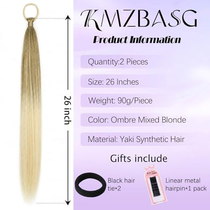 Ombre Blonde Ponytail Extension with Hair Tie DIY Braided Ponytail Extension for Woman 2 PCS Warp Around Yaki Straight Sleek Hairpieces Light and Soft Fluffy Stayle Ponytail for Women Daily Party Use - color: Ombre Mixed Blonde