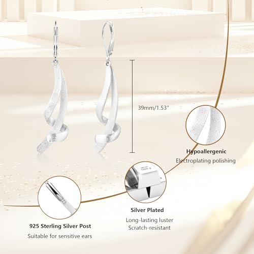 ALEXCRAFT 14K Gold/Silver Twisted Brushed Tassel Dangle Earrings for Women | Hypoallergenic Elegant Lightweight Long Twisted Tassel Dangling Drop Leverback Earrings for Women Trendy Jewelry Gifts in Box - color: Brushed_Silver
