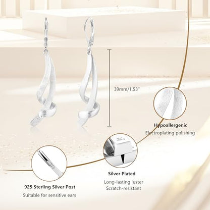 ALEXCRAFT 14K Gold/Silver Twisted Brushed Tassel Dangle Earrings for Women | Hypoallergenic Elegant Lightweight Long Twisted Tassel Dangling Drop Leverback Earrings for Women Trendy Jewelry Gifts in Box - color: Brushed_Silver
