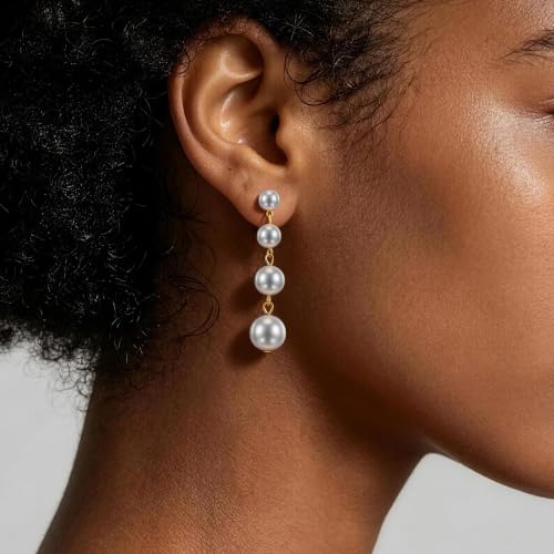 Long Chain Pearl Dangle Earrings for Women | 4Pcs Pearls, 14K Gold Plated, Dainty Tassel Drop, Lightweight Pearl Dangly Earring, Wedding Jewelry Gifts - color: Gold-Large