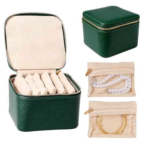 Travel Jewelry Case with 6 Velvet Zipped Pouches Bags, Dark Green | Lychee grain textured, pu leather surface & soft velvet lining, for jewelries necklaces rings earrings sorting storage - color: Dark Green - 6 Pouch