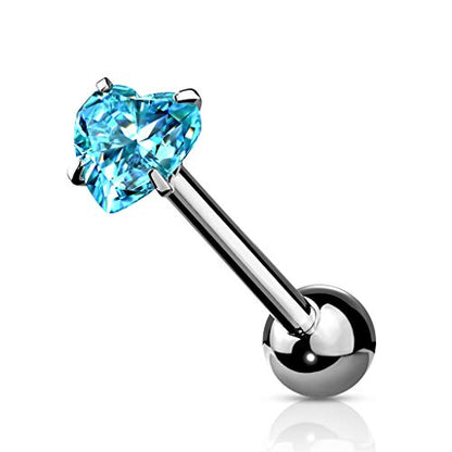 14 Gauge Prong Set Heart CZ 316L Surgical Steel Barbell Tongue Rings (Choose Color) - color: Aqua