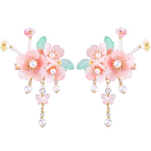 A Pair Wedding Hair Clips, Handmade Floral Design Crystal Hair Clips Pearl Barrettes, Rhinestones Flower Clips Pearl Headpieces Hair Pins Hair Accessories for Women Girls (Light Pink) - color: Light Pink